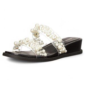 Anne Klein Women S Bessy Sandals Clear-Cork and Black Sophistication